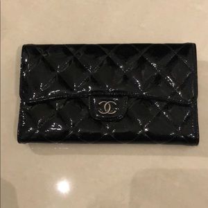 Black Patent Leather Quilted Chanel Trifold Wallet